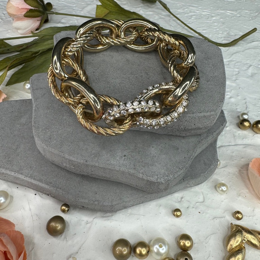 Chunky Gold Tone Chain Bracelet Rhinestone Accent Statement Fashion Jewelry